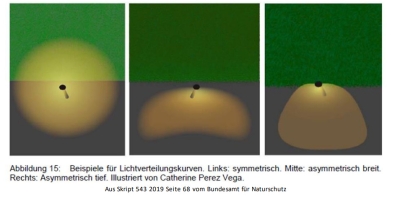 Drei Abbildungen zeigen unterschiedliche Lichtverteilungskurven für Straßenlaternen. Symetrisch kreisrund, asymetrisch breit auf den Weg gerichtet und Asymetrisch tief, mit harter Lichtkante auf den Weg gerichtet.