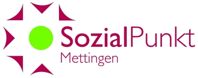 Das Logo des Sozialpunkt Mettingen. Ein neongrüner Punkt umrahmt von 6 geschwungenen Dreiecken. Rechts steht der Name.