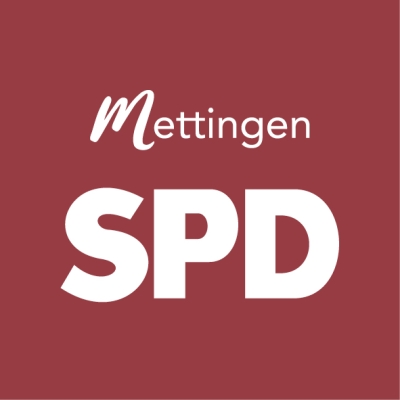 Das Logo des SPD Ortsverbands Mettingen. Die weißen Buchstaben S, P, D auf rotem Hintergrund.