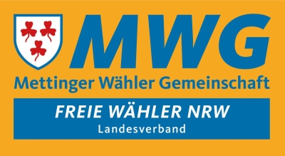 Das Logo der Mettinger Wähler Gemeinschaft. Blauer Schriftzug auf orange-gelben Hintergrund: 