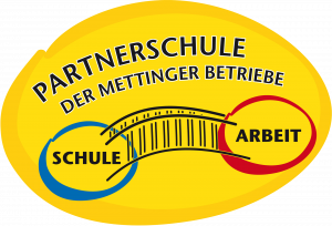 Das Logo für Partnerschulen der Mettinger Betriebe. Ein gelber Klecks als Hintergrund, darauf eine Brücke zwischen den Worten 